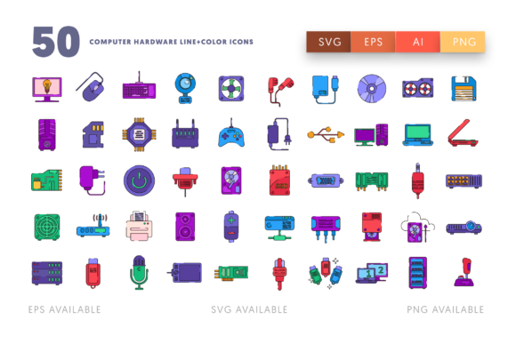 50 Computer Hardware Line Color Icons: Graphics & Icons for Publishers