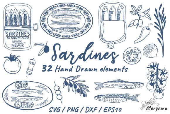 Hand Drawn Sardine Seafood Lemon SVG Graphics & Illustrations